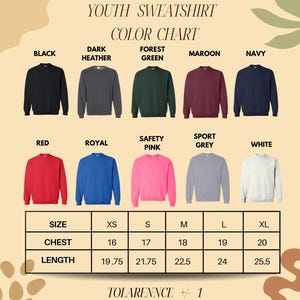 a color chart for youth sweatshirts, showing the different colors available and their corresponding sizes.