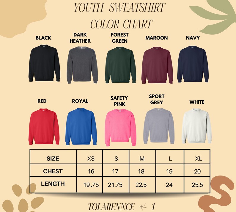 a color chart for youth sweatshirts, showing the different colors available and their corresponding sizes.