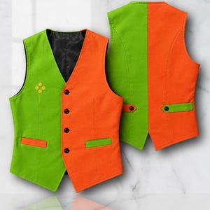 May include: A sleeveless vest featuring a color-blocked design of bright green and orange panels. The front includes four black buttons, two welt pockets with green trim, and a small yellow four-dot emblem. The back features a matching color-blocked pattern with a horizontal strap detail.