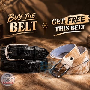 Könnte beinhalten: Ein schwarzer Gürtel mit Krokodilprägung und einer silberfarbenen Metallschnalle sowie ein beigeweißer Gürtel aus Fell mit einer passenden silberfarbenen Metallschnalle. Der Text BUY THE BELT + GET FREE THIS BELT ist zu sehen.