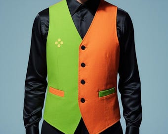 Könnte beinhalten: Eine farblich abgesetzte Weste mit einer leuchtend lindgrünen rechten Seite und einer kräftigen orangefarbenen linken Seite. Die Weste hat vier schwarze Knöpfe, zwei Leistentaschen mit kontrastierenden Rändern und ein gelbes Emblem.