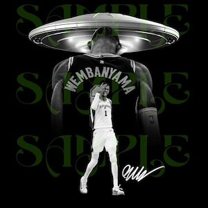 May include: Black and white graphic featuring a basketball player in a Spurs jersey with the name "Wembanyama" on the back. A UFO hovers above the player's head. The background is black with a green "SAMPLE" text.
