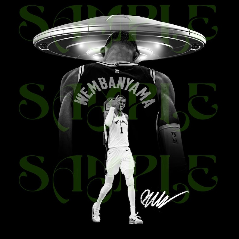 May include: Black and white graphic featuring a basketball player in a Spurs jersey with the name "Wembanyama" on the back. A UFO hovers above the player's head. The background is black with a green "SAMPLE" text.