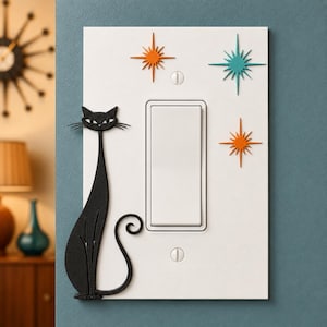Black Cat Light Switch Cover | Mid Century Modern Atomic Cat Switch Plate | Retro MCM Wall Decor | Toggle Rocker GFCI Options