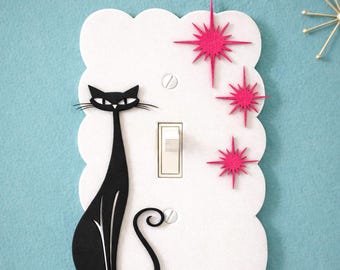 Osłona przełącznika światła Cat Cat w stylu Mid Century Modern z epoki atomowej - Kolory niestandardowe - Płytka przełącznika Cat Cat w stylu retro Black MCM