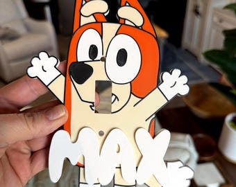 May include: A decorative light switch cover featuring a cartoon dog character with orange, white, and black accents. The word "MAX" is displayed in white letters at the bottom. The switch cover is designed to fit a standard light switch.
