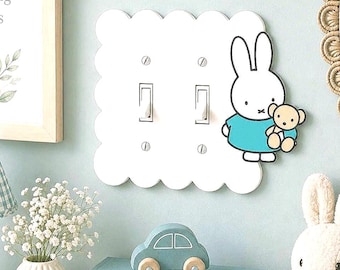MIffy Inspired Personalized Name Light Switch Cover, Cute Nursery Bunny with Bear Switch Plate, Kids Room Decor, Kawaii Wall Decor Rabbit