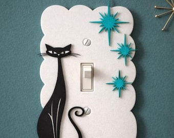 Black Cat Light Switch Cover | Mid Century Modern Atomic Cat Switch Plate | Retro MCM Wall Decor | Toggle Rocker GFCI Options