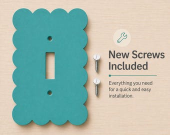 May include: A teal scalloped light switch wall plate with a rectangular center cutout and two circular screw holes, accompanied by two silver metal screws and text that reads New Screws Included Everything you need for a quick and easy installation.