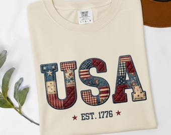 Retro USA 1776 Comfort Colors Shirt, Vintage Stars & Stripes Flag Tee, Faux Patch 4th of July Patriotic Graphic T-Shirt