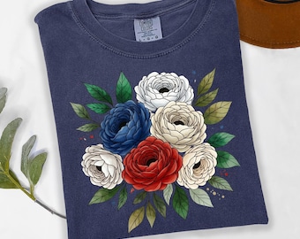 Vintage Patriotic Floral T-shirt, Red White Blue Ranunculus Shirt, American Flag Flowers Top, Cottagecore Veterans Day Gift