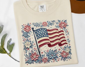 Textured Paint US Flag Shirt, 3D Floral American Flag Tee, Aesthetic Patriotic Flower Tshirt, Vintage 4th of July Comfort Colors Gift