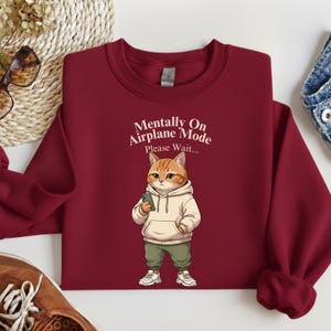 May include: Burgundy sweatshirt with the text "Mentally On Airplane Mode Please Wait..." above a cartoon cat wearing a hoodie, holding a phone, and wearing green pants and white sneakers.