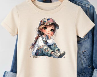 Patriotic Little Girl Shirt, USA 250th Anniversary Toddler Tee, Cute Americana Chibi Tshirt, 1776-2026 Liberty Kids Top, Back to School USA