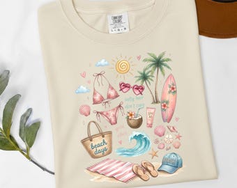 Coastal Collage Shirt, Vintage Beach Scrapbook Tee, Retro Summer Flatlay Top, Cute Shell Gift Comfort Colors 1717 Bikini Clothing
