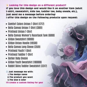 May include: Text on a white background lists various apparel items like t-shirts, sweatshirts, and onesies. The text encourages customers to request a design on different products, including Comfort Colors and Bella Canvas options.
