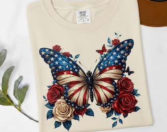 Patriotic Butterfly Rose Shirt, Look Oil Paint USA Tee, Fourth of July Floral Top, Vintage Americana Butterfly Gift, Red White Blue Roses