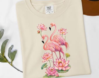 Camiseta Flamingo Lotus, camiseta con dibujo de pájaro a lápiz, top rosa Flamingo Garden, regalo estético Zen Flower Comfort Colors 1717 Tropical Art