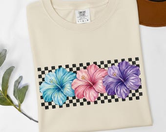Checkerboard Hibiscus Shirt, Retro Surf Floral TShirt, Colored Pencil Sketch Tee, 90s Skater Girl Comfort Colors 1717 Tropical Top