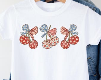 USA 250 Coquette Patriotic Cherry Shirt, Hand Drawn Vintage Americana Kids Tee, Fourth of July Bow Toddler Bodysuit