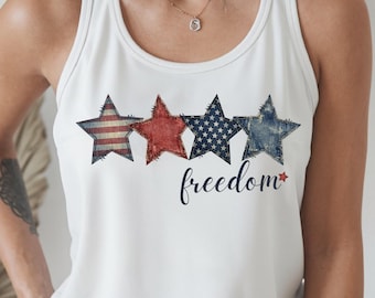 Faux Embroidery Freedom TShirt, Patchwork Stars Tee, Vintage Patriotic Top, Retro USA 4th of July Comfort Colors 1717 Gift