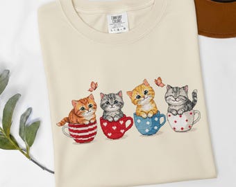 Embroidery Cat Shirt, Teacup Kitten Tee, Faux Cross Stitch Top, Cute Cute Cat Gift Comfort Colors 1717 Cat Mom Apparel