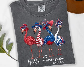 Patriotic Flamingo Shirt, Hello Summer 4th of July Tee, Tropical Americana Top, Comfort Colors Beach Gift