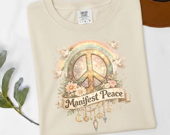 Manifest Peace Shirt, Boho Spiritual Peace Sign Tee, Celestial Hippie Aesthetic Shirt, Meditating Yoga Gift, Pastel Floral Peace Dove Top