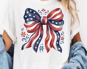 Pastel Crayon Bow Tee, Textured Americana Shirt, Coquette Patriotic Top, 4th of July Comfort Colors 1717 Women Ribbon Gift