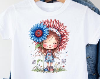 Patriotic Girl Shirt, Sunflower Toddler Tee, Cute American Flag Onesie, 4th of July Youth Top, Vintage USA Graphic Gift