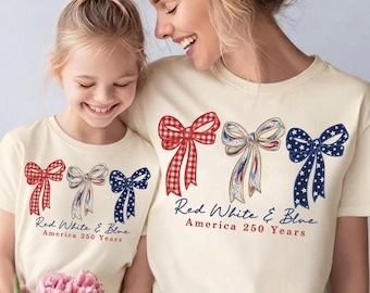 Red White Blue Bow Shirt, America 250 Years Mommy and Me Outfit, USA 250th Anniversary Coquette Tee, Patriotic Gingham Bow Family Matching