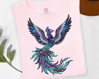 Phoenix Rising Graphic T-Shirt, Faux Embroidered Phoenix Motif Tee, Symbol of Spiritual Rebirth, Retro Unisex Gift Top