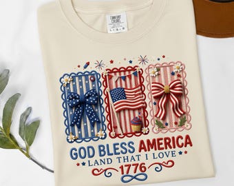 God Bless America Tee, Embroidered Look Comfort Colors Patriotic Shirt, Aesthetic Americana 1776 T-shirt, Bow Vintage July 4th Gift