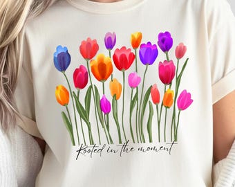Mindfulness Tulip T-Shirt, Boho Cottagecore Floral Design