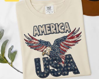 Faux Applique Eagle Shirt, Comfort Colors America USA Tee, Patriotic Denim Stitch Top, Vintage Western Gift