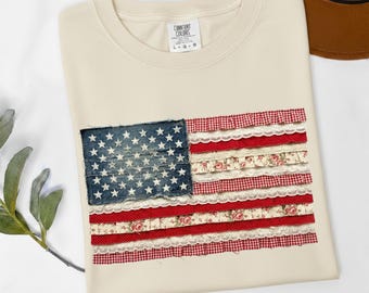 Retro American Flag Tee on Comfort Colors, Faux Patchwork Ruffle Flag USA Shirt, Patriotic Independence Day Outfit