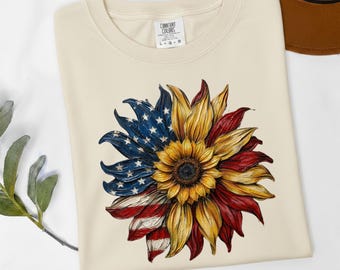 USA Flag Sunflower Graphic T-Shirt, Freedom Tee for 4th of July, Independence Day Apparel, Artistic Oil Paint Print
