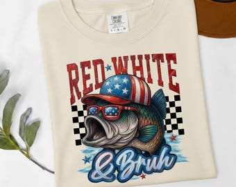 Oil Painting Fishing Shirt, Red White and Bruh Tee, Funny Bass Fish USA Top, 4th of July Fisherman Gift, Retro Country Dad Comfort Colors
