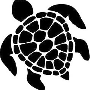 May include: A black turtle silhouette with a detailed shell pattern. The turtle's head, flippers, and tail are clearly defined against the white background. The design is simple yet striking, suitable for various applications.