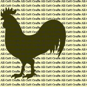 May include: A black silhouette of a rooster against a yellow background with the text "Ali Catt Crafts" repeated.