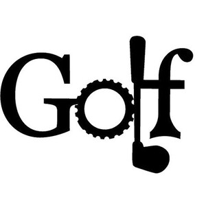 Puede incluir: Silueta en blanco y negro de la palabra "Golf" con un palo de golf y un engranaje en lugar de la "o".