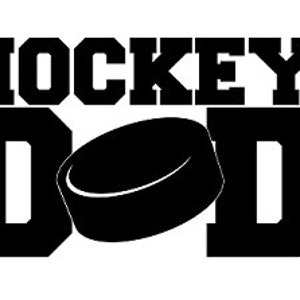 May include: Black and white graphic with the words "HOCKEY DAD" and a hockey puck in the center. The text is in a bold, sans-serif font, and the puck is a solid black circle.