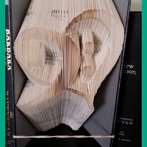 May include: A book with pages folded into a three-dimensional shape resembling a skull. The book is open and propped up on a black surface. The book is titled "The Ravenscar" and the spine is visible. The book is being held open by a rubber band.