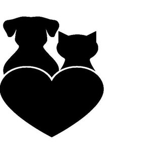 Peut inclure: Silhouette noire d'un chien et d'un chat assis dos à dos, leurs queues formant un cœur.