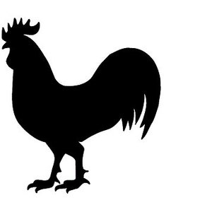 May include: Black silhouette of a rooster with a large comb and wattles. The rooster is facing left and has its tail feathers spread out.