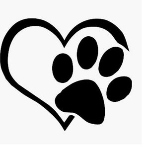 May include: A black paw print inside a heart shape. The heart outline and paw print are solid black against a white background. The paw print has four toes and a pad.