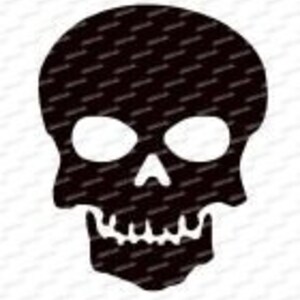 May include: Black and white skull illustration with a simple design. The skull has two eye sockets, a nose, and a mouth with teeth.
