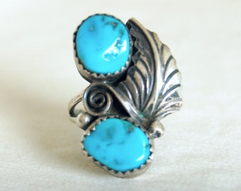 Turquoise Ring Size 5 .25 Vintage Southwestern Double Stone Sterling Silver Feather Chunky Blue Stones