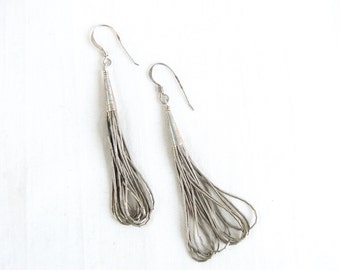 Liquid Silver Beaded Earrings Dangles Artisan Made Vintage Native American 10 Strand Southwestern Dangle