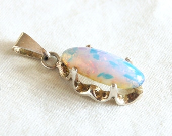 Mexican Art Glass Pendant Vintage Sterling Silver Faux Opal Teardrop Iridescent Charm Finding